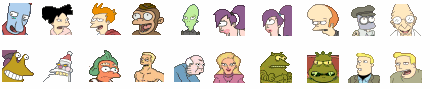 futurama planet express crew, zapp, robots, mutants and aliens icons